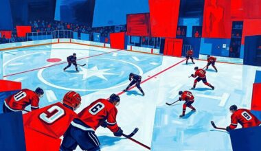 A fractured, multi-perspective painting depicting a hockey game, with sharp geometric shapes in navy blue, crimson red, and metallic silver representing the players, equipment, and ice surface, conveying the dynamic energy and tension of the close contest.