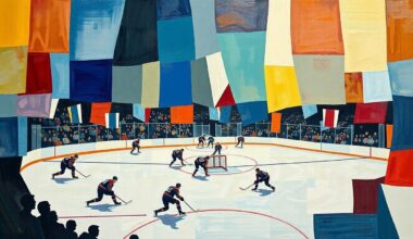 A cubist, geometric painting depicting a hockey game, with players and the puck broken down into overlapping angular shapes and planes in a vibrant color palette.