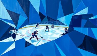 A cubist, geometric painting depicting the chaotic action of a hockey game, with players