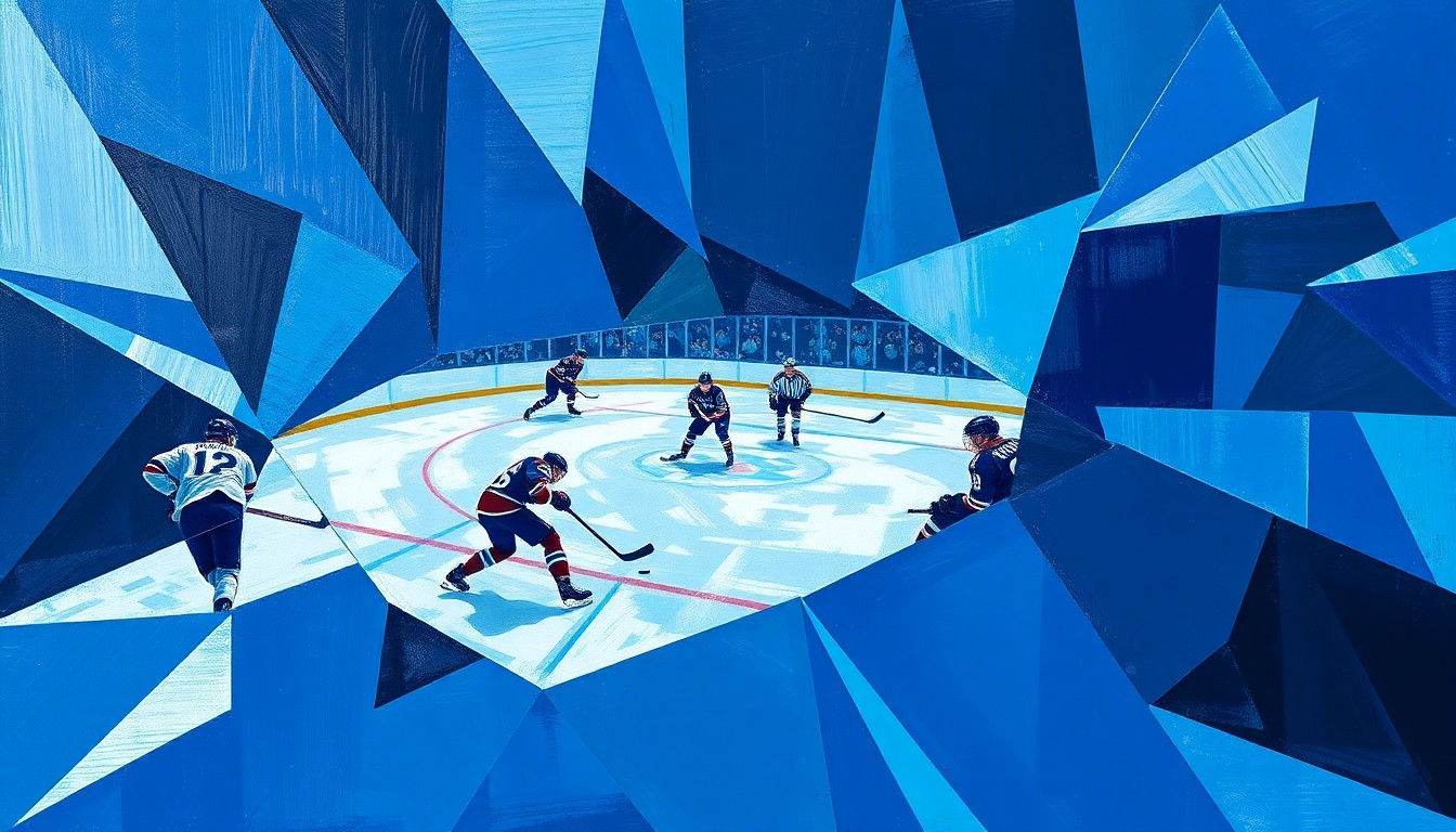 A cubist, geometric painting depicting the chaotic action of a hockey game, with players