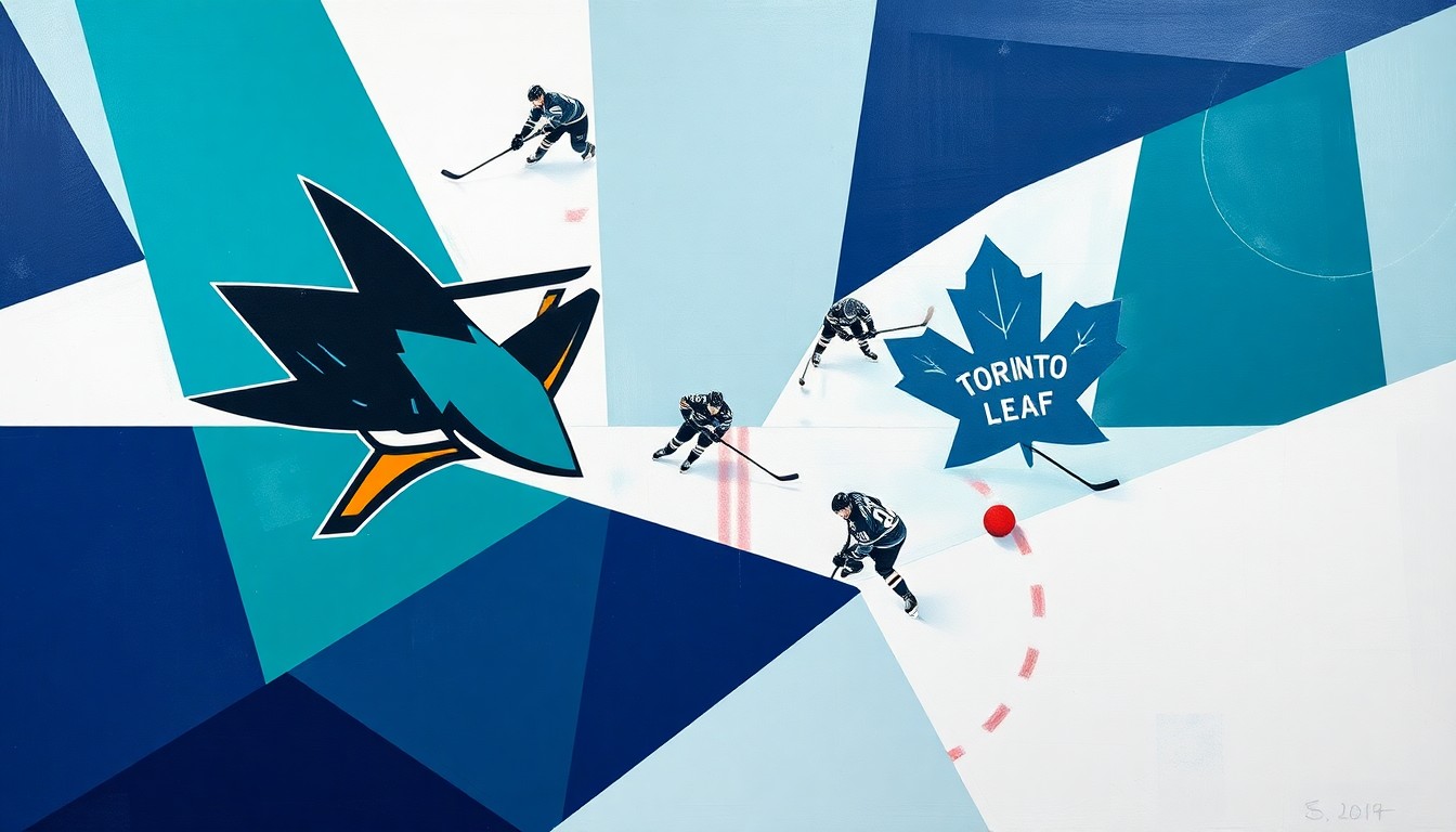 A cubist, geometric painting depicting the action of a hockey game between the San Jose Sharks and Toronto Maple Leafs, with the players and puck represented as abstract shapes and angles in the team