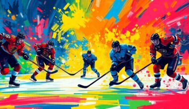An abstract painting in neon colors with rapid, expressive brushstrokes depicting the dynamic movement and energy of a professional hockey game.