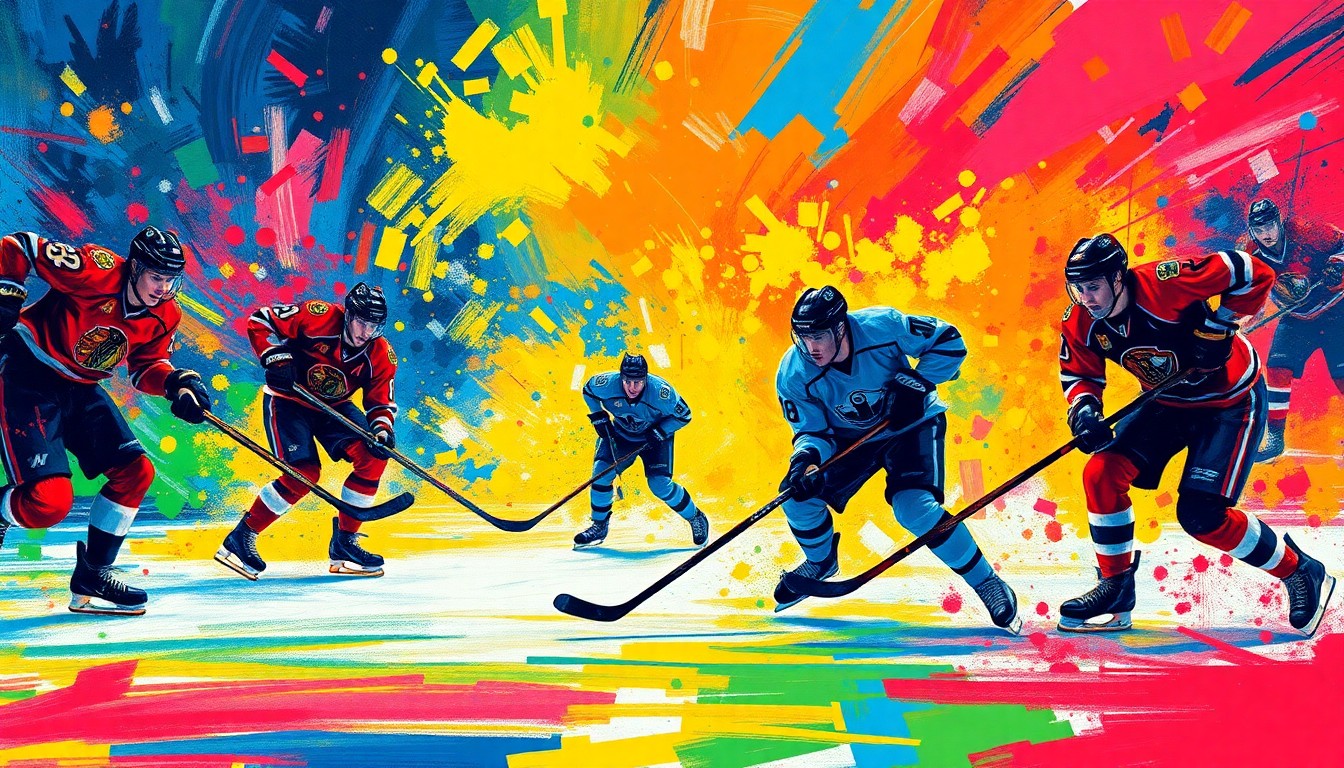 An abstract painting in neon colors with rapid, expressive brushstrokes depicting the dynamic movement and energy of a professional hockey game.