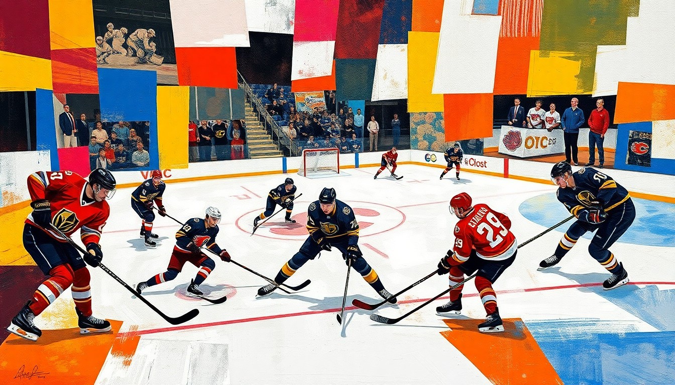 A cubist, geometric painting depicting the dynamic action of a hockey game, with fragmented shapes and planes of players, sticks, and pucks in motion against a backdrop of the teams