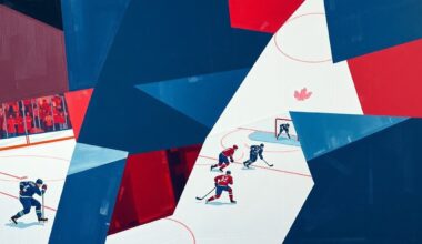A cubist-style painting featuring overlapping geometric shapes and planes in navy, red, and white, conceptually representing the fragmented action of a hockey game.