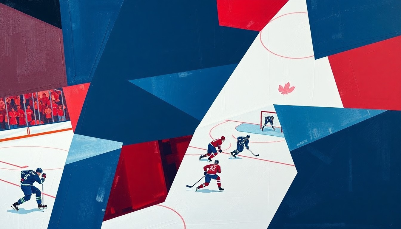 A cubist-style painting featuring overlapping geometric shapes and planes in navy, red, and white, conceptually representing the fragmented action of a hockey game.