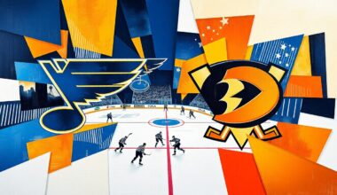 A cubist, geometric painting depicting a hockey game between the St. Louis Blues and Anaheim Ducks, with the players and action broken down into sharp, overlapping planes of color.