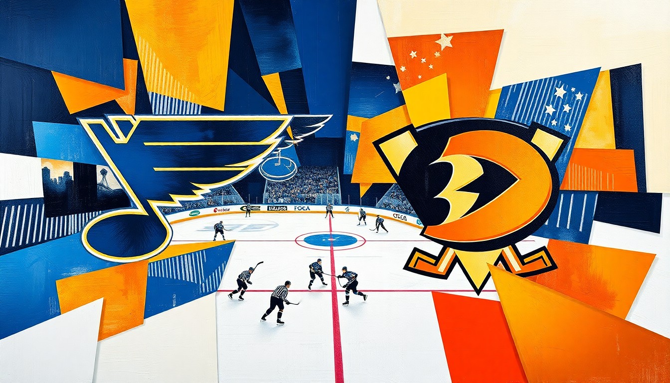 A cubist, geometric painting depicting a hockey game between the St. Louis Blues and Anaheim Ducks, with the players and action broken down into sharp, overlapping planes of color.