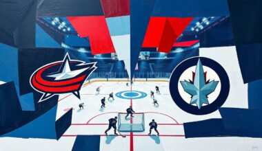 A cubist, geometric painting depicting a hockey game between the Columbus Blue Jackets and Winnipeg Jets, with the players and action broken down into overlapping planes of navy, red, light blue, and white.