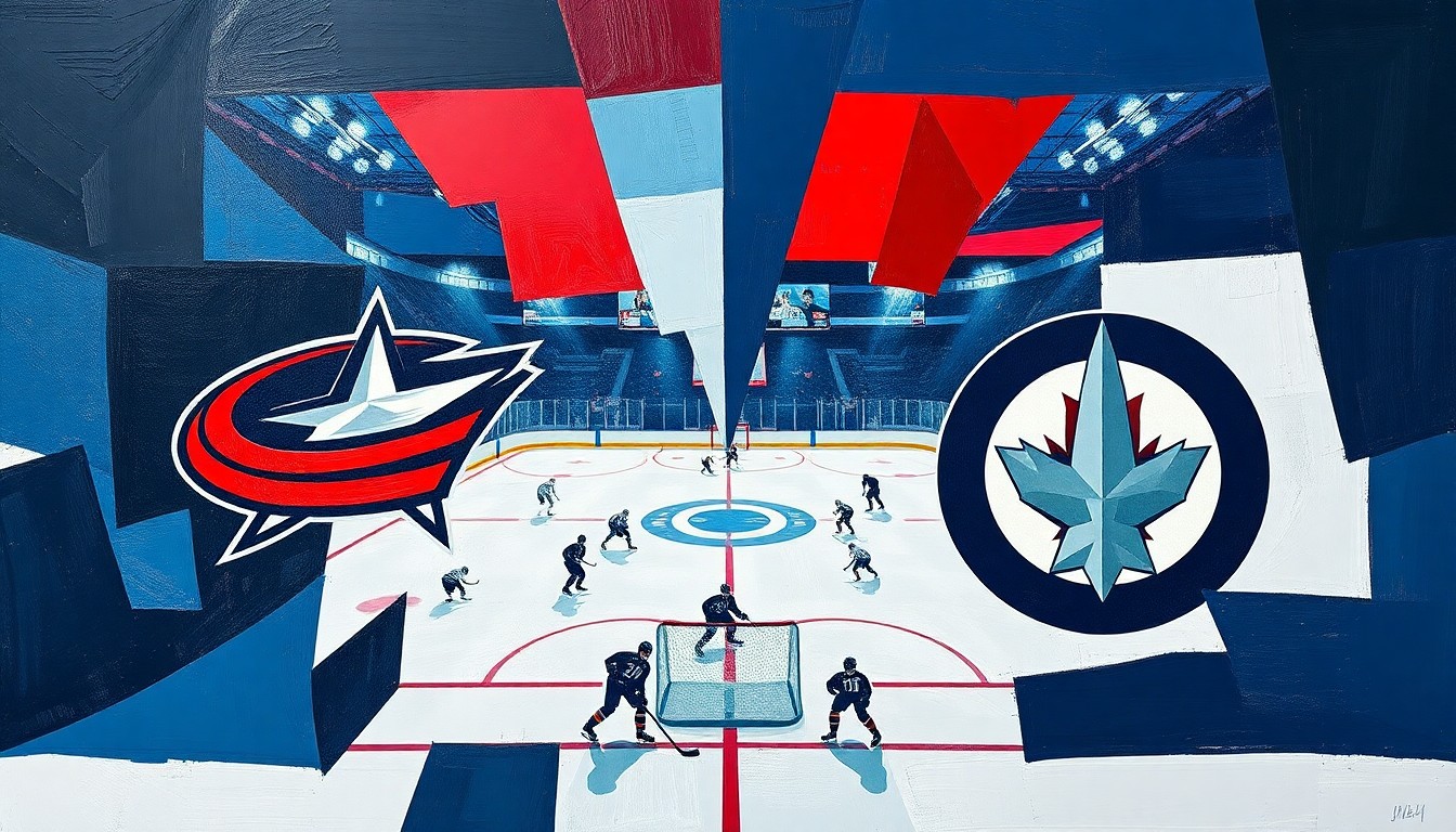 A cubist, geometric painting depicting a hockey game between the Columbus Blue Jackets and Winnipeg Jets, with the players and action broken down into overlapping planes of navy, red, light blue, and white.