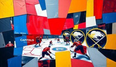 A cubist, geometric painting depicting a hockey game between the Washington Capitals and Buffalo Sabres, with the players and action broken down into sharp, overlapping planes of color.