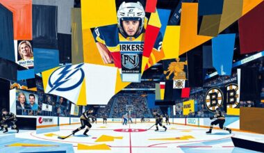 A cubist-style painting featuring sharp, overlapping geometric shapes in the official team colors of the Tampa Bay Lightning and Boston Bruins, conceptually representing the intensity and action of a high-stakes NHL matchup between the two clubs.