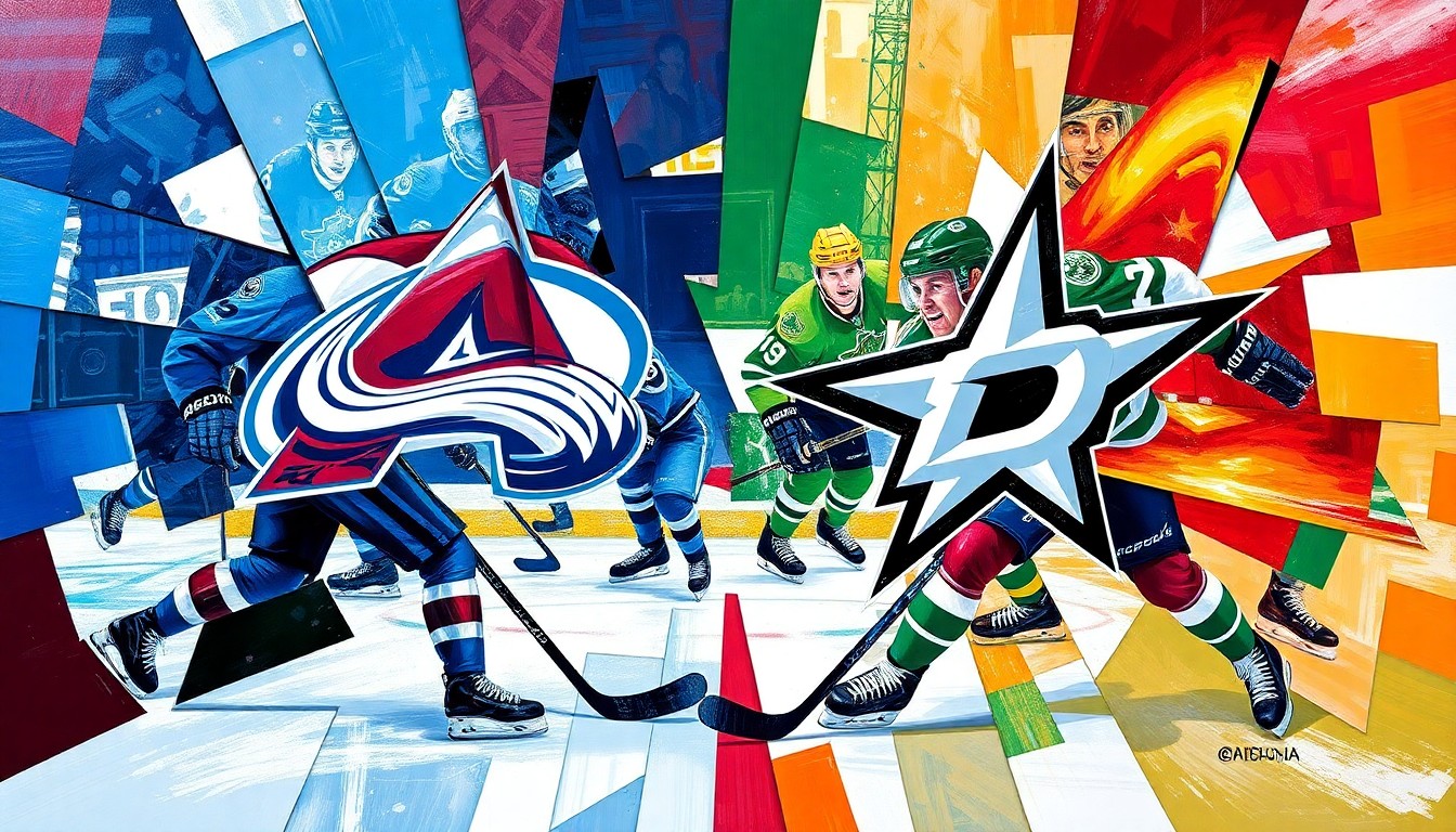 A fractured, geometric painting depicting a hockey game between the Colorado Avalanche and Dallas Stars, with the players