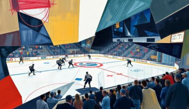 A fragmented, geometric painting depicting the dynamic action of a hockey game, with players and the rink deconstructed into overlapping angular shapes and planes in a cubist style.