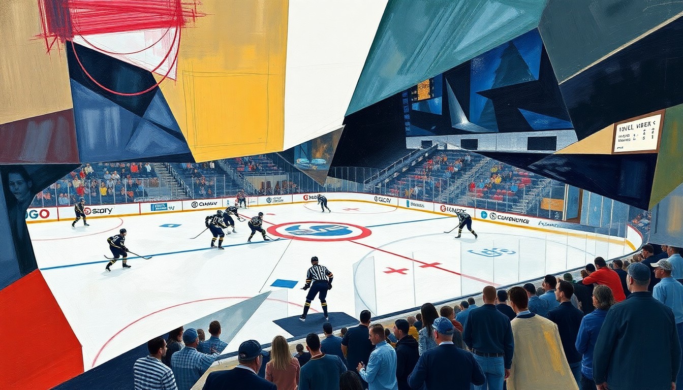 A fragmented, geometric painting depicting the dynamic action of a hockey game, with players and the rink deconstructed into overlapping angular shapes and planes in a cubist style.