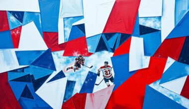 A cubist, geometric painting depicting a fragmented hockey game, with sharp planes of blue, red, and white overlapping to create a dynamic, abstract composition that captures the intensity and uncertainty of the Blue Jackets