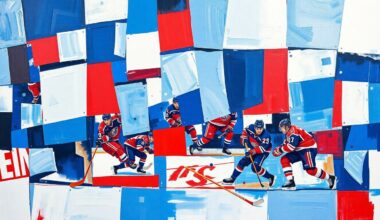 A fragmented, geometric painting in bold blues, reds, and whites depicts the action and energy of a professional hockey game, with overlapping shapes and planes representing the players, puck, and arena.