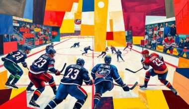 A cubist, geometric painting depicting a hockey game, with sharp, overlapping planes of color representing the players and action on the ice.