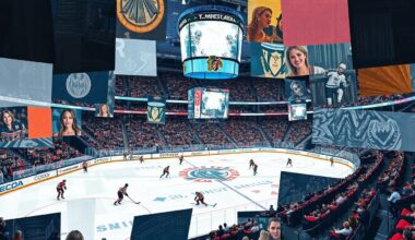A fragmented, geometric painting depicting a hockey game at T-Mobile Arena, with the ice surface broken into sharp, overlapping planes of color and texture, conceptually representing the ice issues that caused a delay.