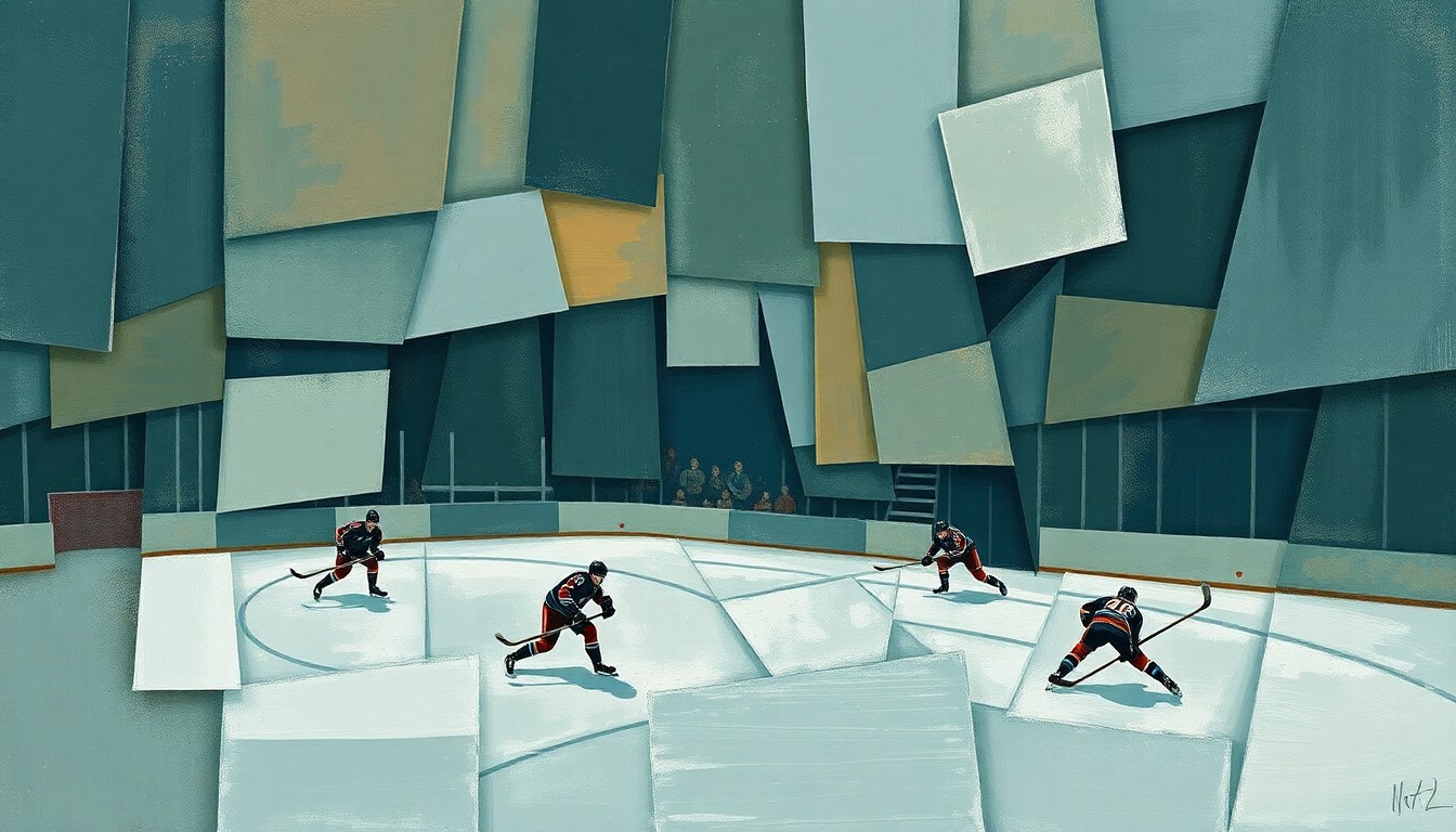 A cubist, geometric painting depicting fragmented hockey players and equipment, rendered in muted earth tones, conveying the uncertainty surrounding the Rangers