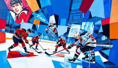 A cubist, geometric painting depicting a hockey game, with sharp, overlapping planes of color representing the players and action on the ice.