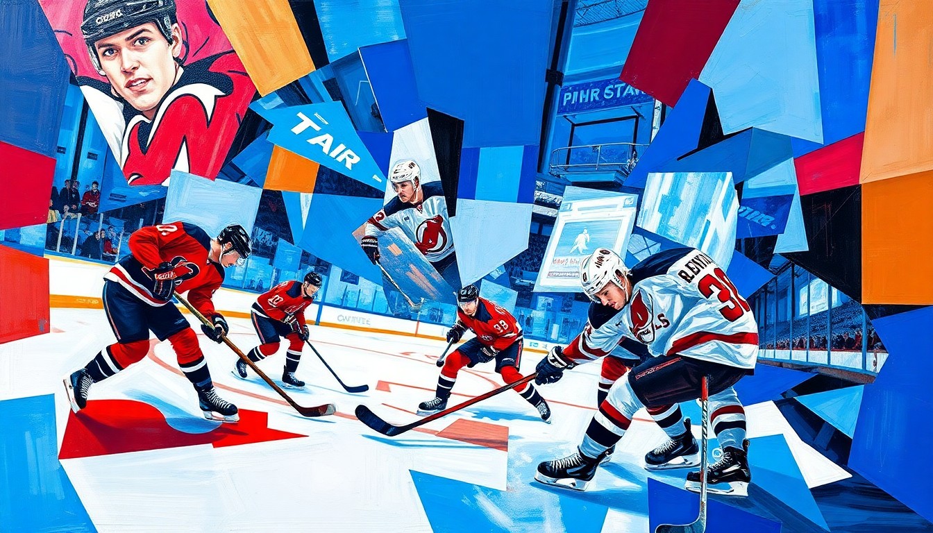 A cubist, geometric painting depicting a hockey game, with sharp, overlapping planes of color representing the players and action on the ice.