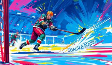 An abstract, energetic painting in neon colors and bold brushstrokes, depicting the dynamic motion of a hockey player scoring a goal, conveying the emotional triumph of overcoming past failure.