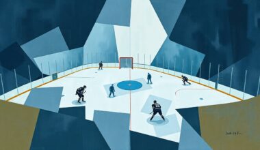 A cubist, geometric painting in muted blues, grays, and whites depicts the chaotic energy of a hockey game, with overlapping planes and fragmented shapes representing the divisive incident involving Dallas Stars fans.