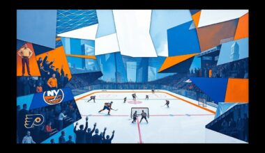 A cubist, geometric painting depicting a hockey game between the New York Islanders and Philadelphia Flyers, with the players and action broken down into sharp, overlapping planes of blue, orange, and white.