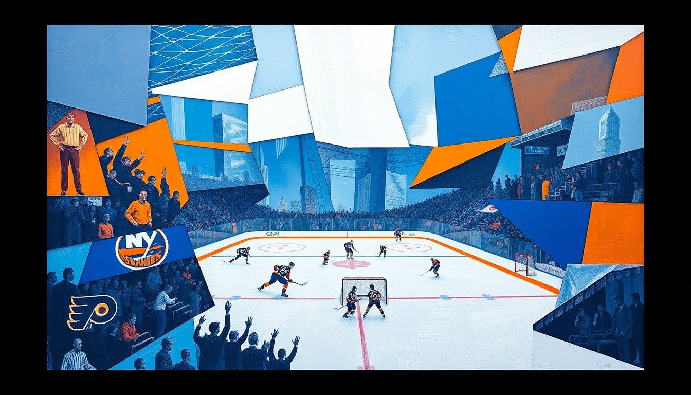 A cubist, geometric painting depicting a hockey game between the New York Islanders and Philadelphia Flyers, with the players and action broken down into sharp, overlapping planes of blue, orange, and white.