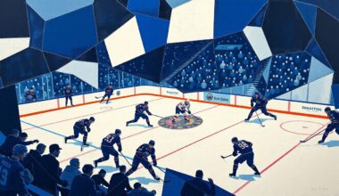A cubist, geometric painting depicting a fragmented hockey game scene, with the players and ice reduced to angular, overlapping shapes in shades of blue and white.