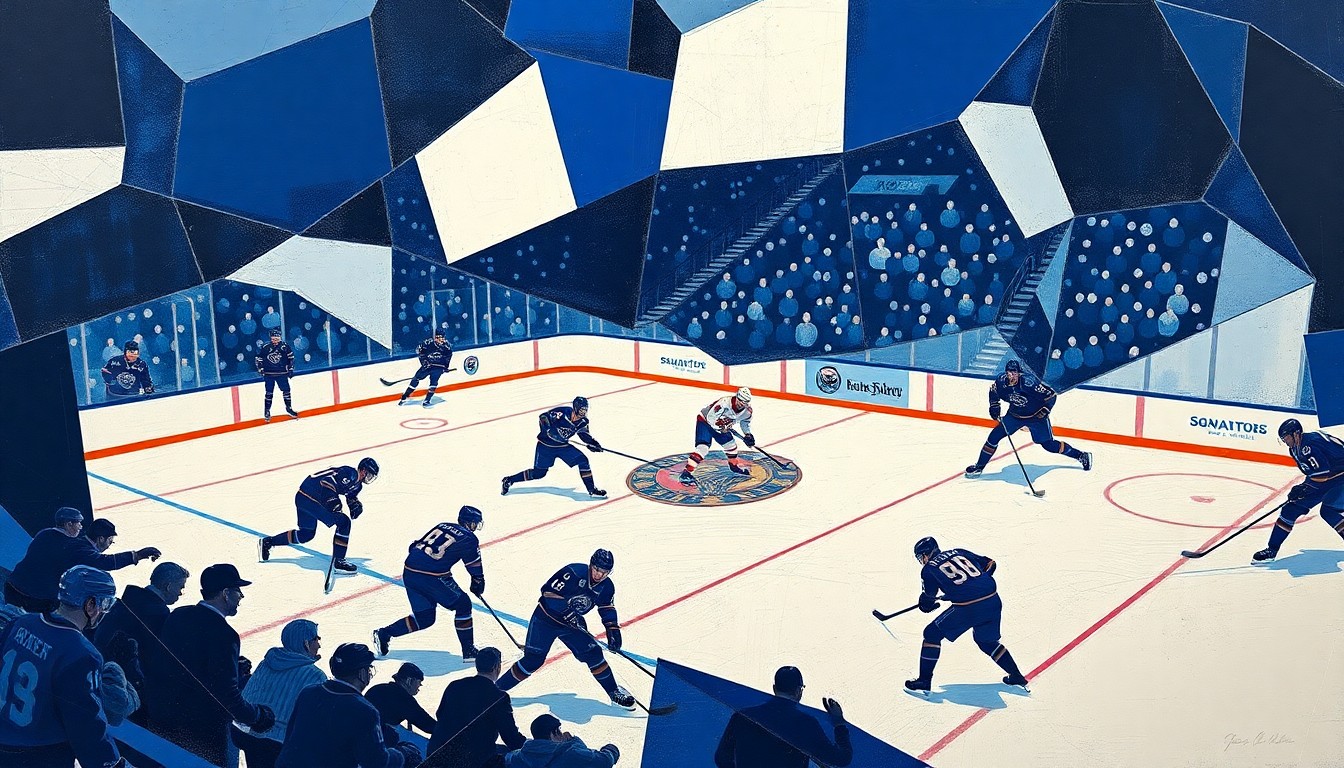 A cubist, geometric painting depicting a fragmented hockey game scene, with the players and ice reduced to angular, overlapping shapes in shades of blue and white.