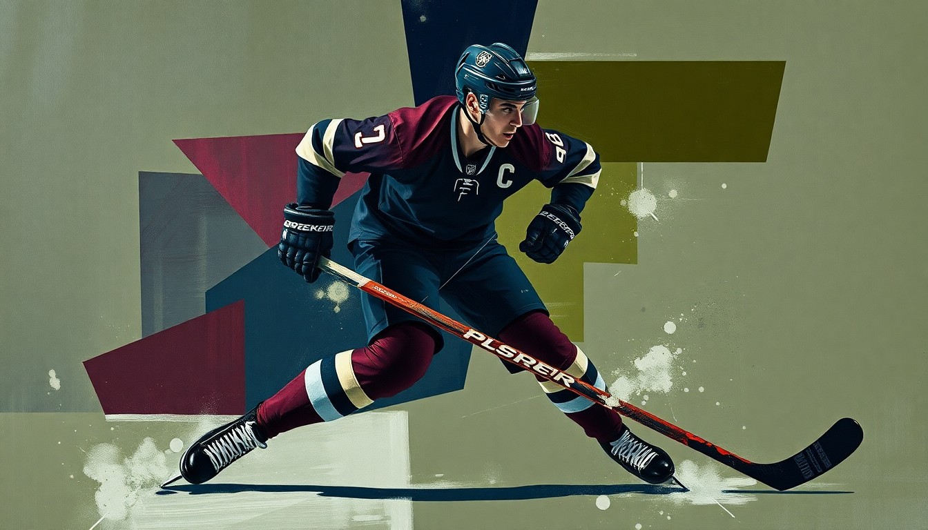 A cubist, geometric painting depicting a hockey player in mid-action, with their body broken down into sharp, overlapping planes of navy, maroon, and olive green, conceptually representing the impact of Severson