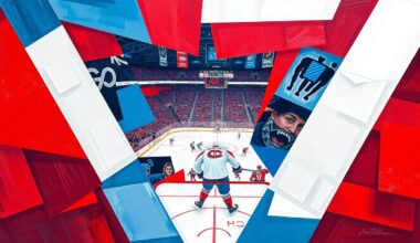 A cubist, geometric painting depicting a Canadiens hockey game, with sharp, overlapping planes of red, blue, and white representing the team