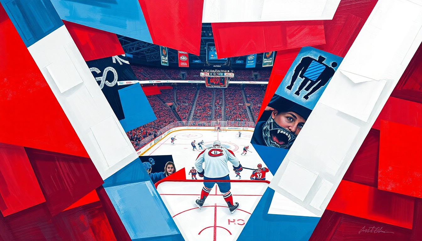 A cubist, geometric painting depicting a Canadiens hockey game, with sharp, overlapping planes of red, blue, and white representing the team