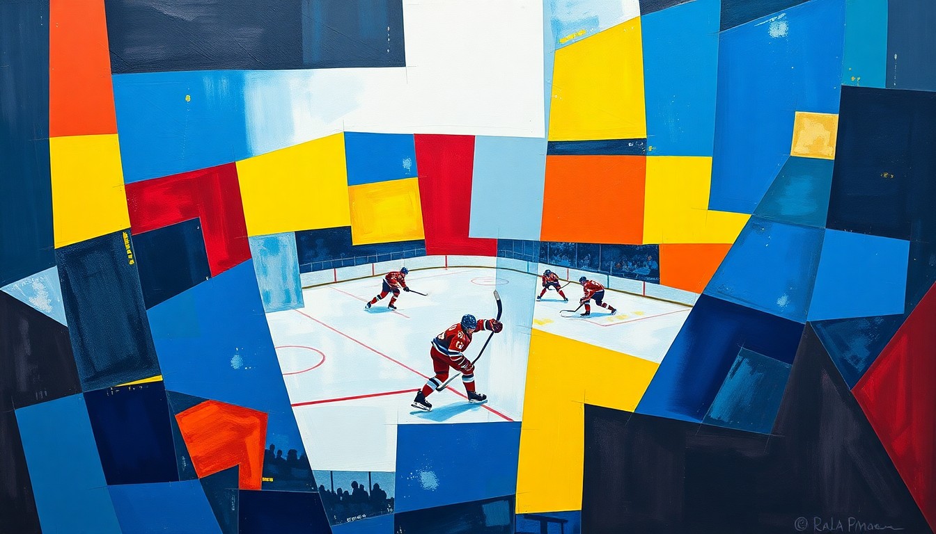 A cubist, geometric painting depicting a fragmented hockey scene with overlapping planes of blue, red, and yellow, conceptually representing the challenges facing the Pittsburgh Penguins