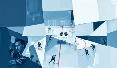 A fragmented, geometric painting depicting a hockey game or match, with sharp, overlapping planes in shades of blue, grey, and white, conveying the disruption and discord caused by discriminatory actions in the stands.