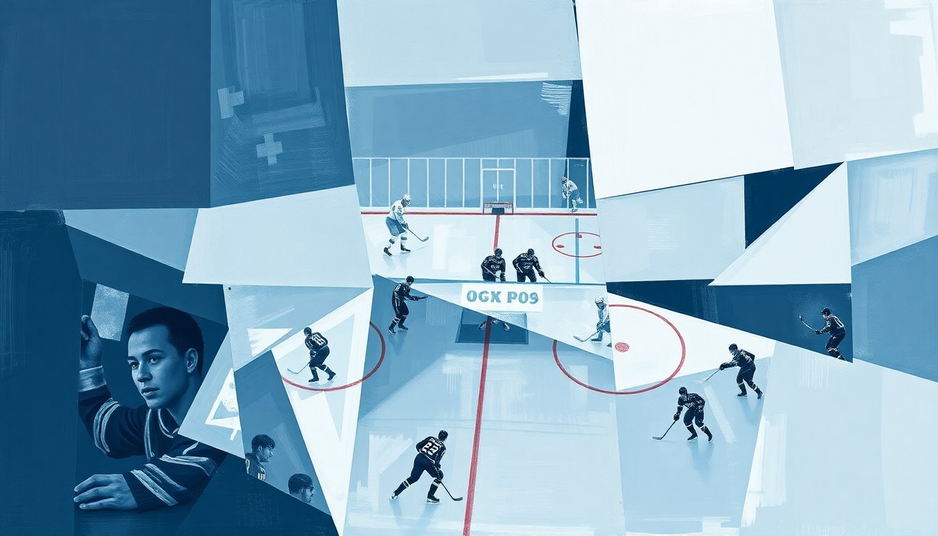 A fragmented, geometric painting depicting a hockey game or match, with sharp, overlapping planes in shades of blue, grey, and white, conveying the disruption and discord caused by discriminatory actions in the stands.