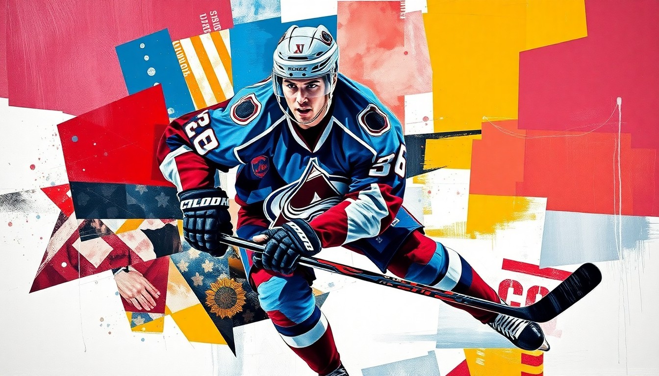 A fractured, multi-perspective painting depicting a hockey player in motion, with sharp, overlapping geometric shapes in the colors of the Colorado Avalanche team, conceptually representing the dedication and resilience required to reach such a remarkable career milestone.