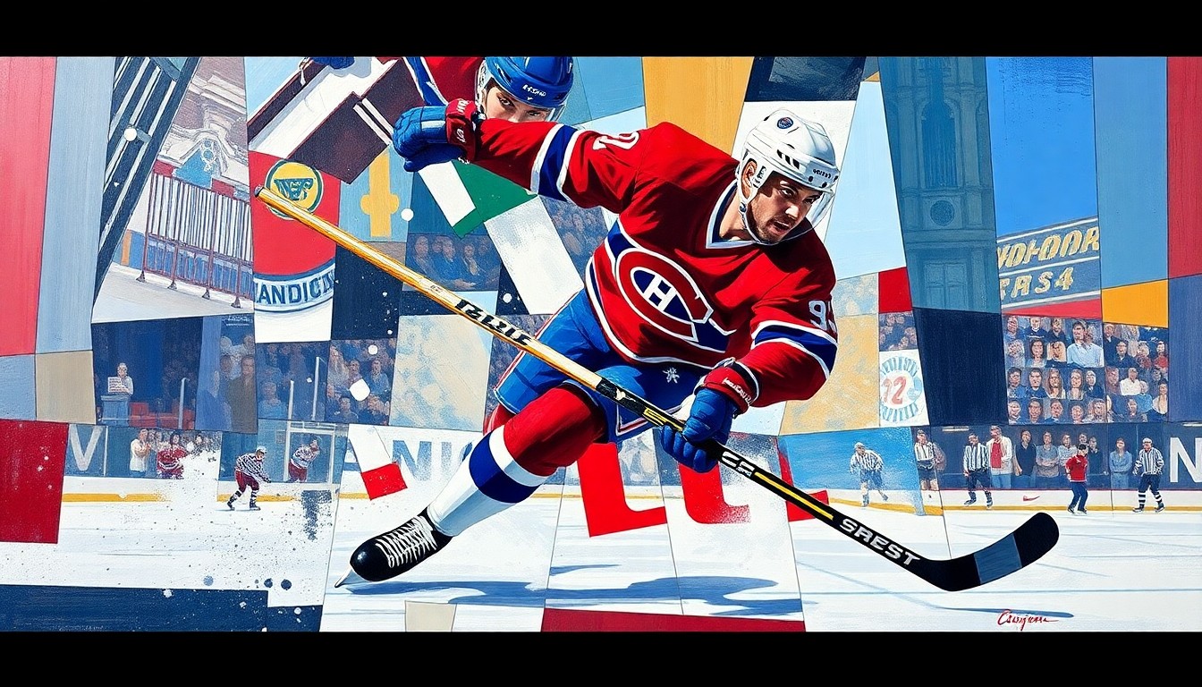 A cubist, geometric painting depicting a hockey player in the act of scoring a goal, with the player