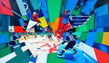 A fragmented, geometric painting depicting a hockey game between the Anaheim Ducks and St. Louis Blues, with sharp planes of color and overlapping shapes capturing the energy and intensity of the matchup.