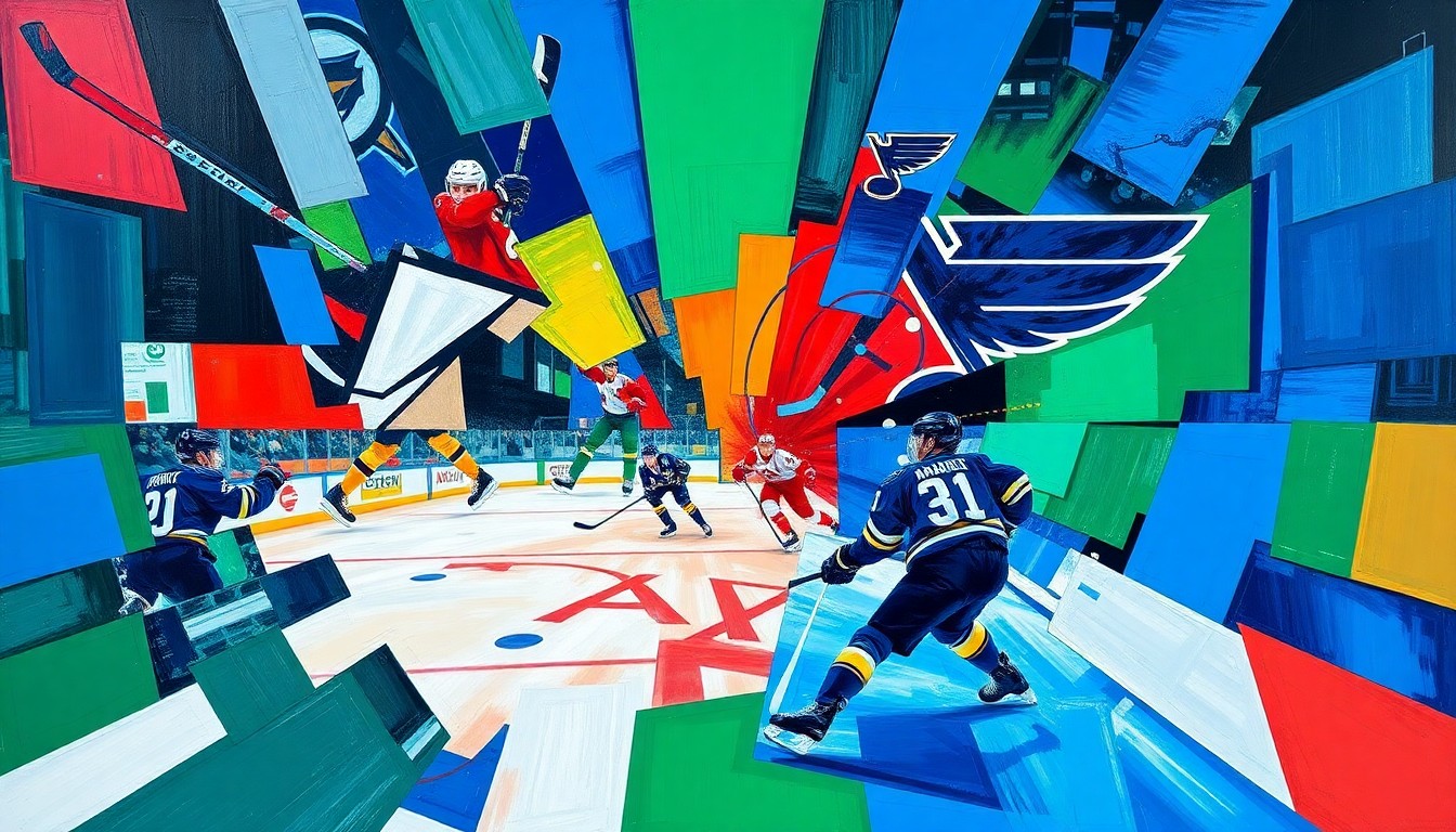A fragmented, geometric painting depicting a hockey game between the Anaheim Ducks and St. Louis Blues, with sharp planes of color and overlapping shapes capturing the energy and intensity of the matchup.