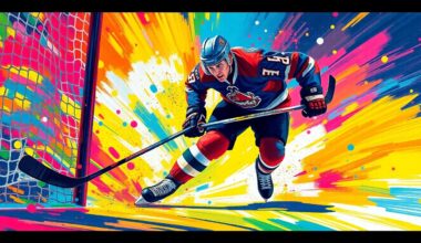 An abstract, expressionist painting in vibrant neon colors depicting the explosive energy and raw athleticism of a hockey player driving towards the net, their face and jersey details dissolving into unrecognizable splatters of paint.