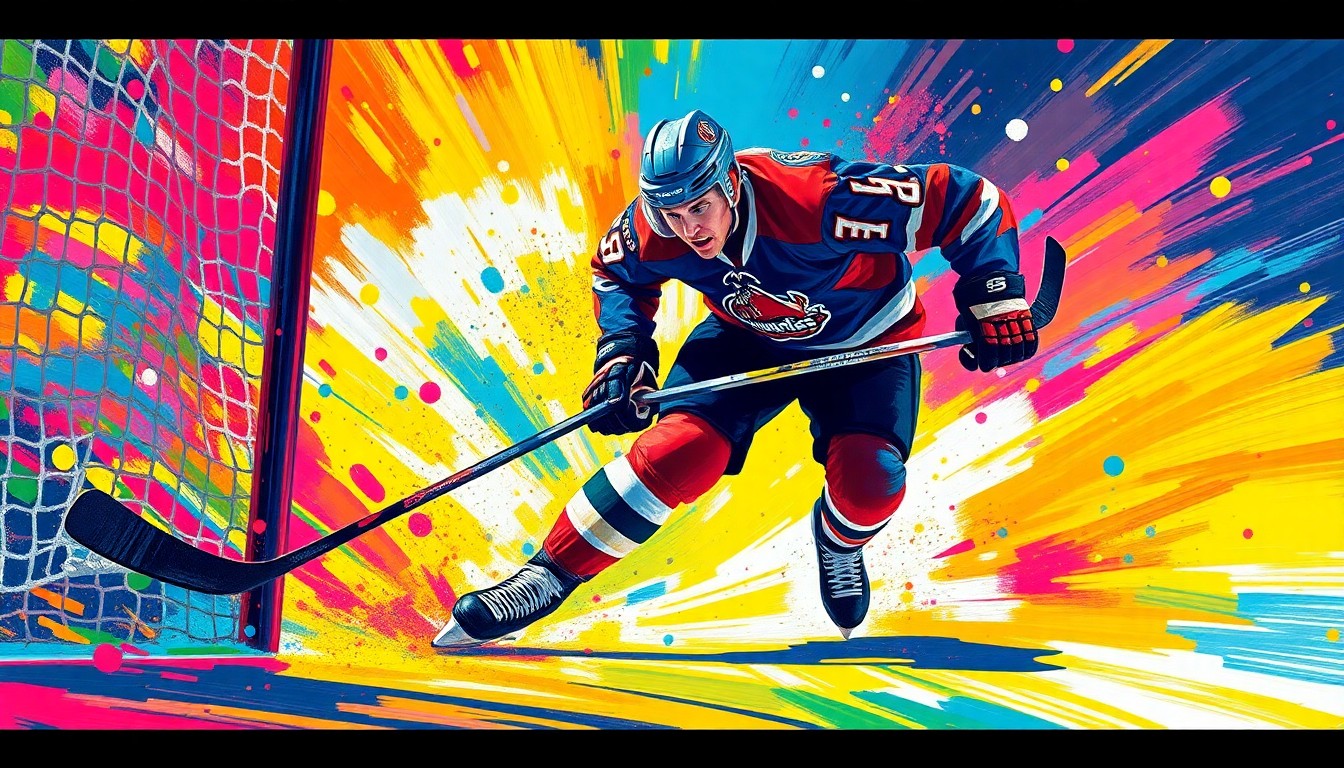 An abstract, expressionist painting in vibrant neon colors depicting the explosive energy and raw athleticism of a hockey player driving towards the net, their face and jersey details dissolving into unrecognizable splatters of paint.