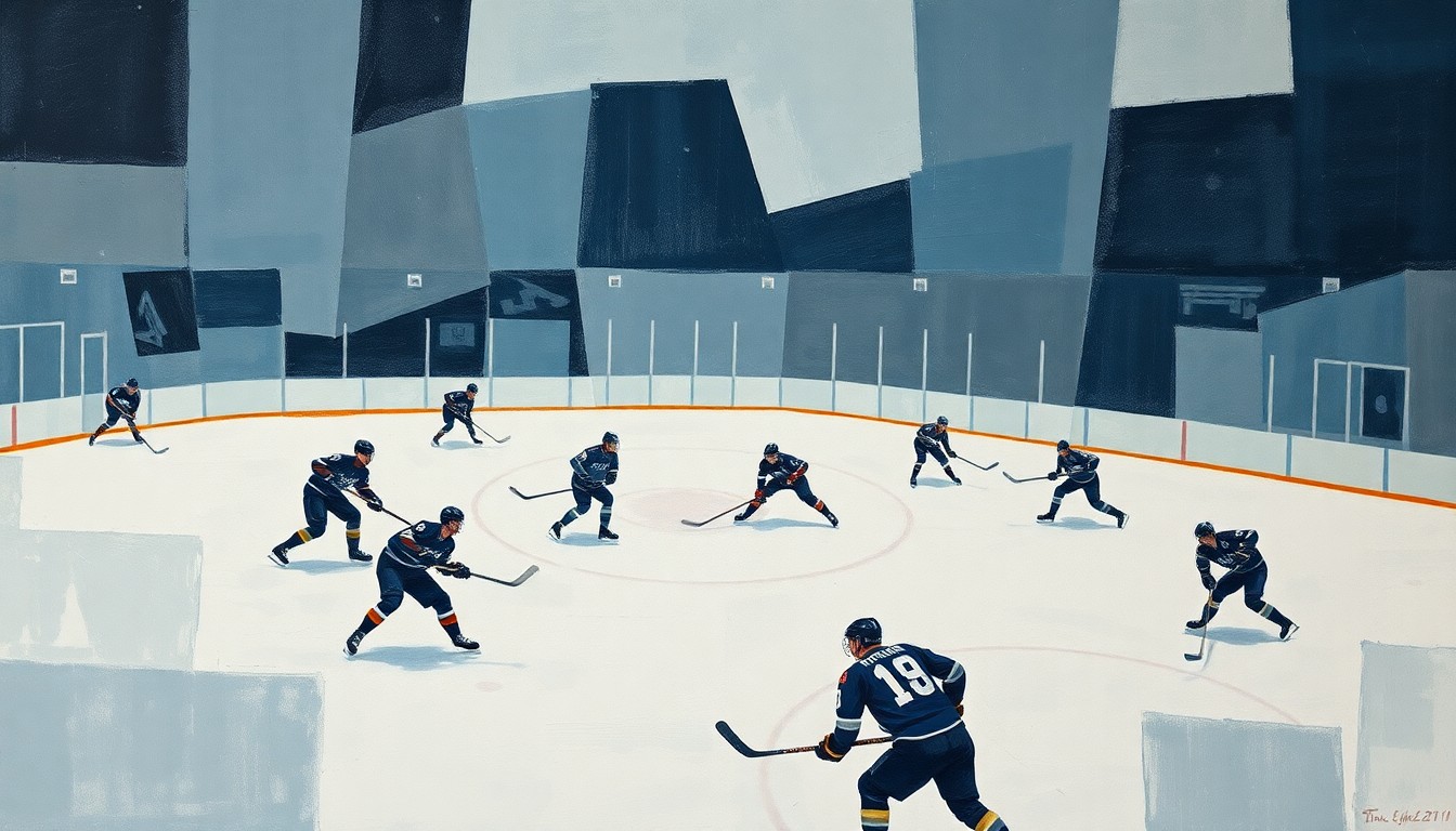 A cubist, geometric painting in muted blues, greys, and whites, breaking down a hockey game into sharp, overlapping planes, conceptually representing the need for sports leagues to address divisive fan behavior.