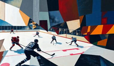 A cubist, geometric painting depicting a hockey game, with the players and ice broken down into abstract shapes and planes of color, capturing the energy and movement of the sport.