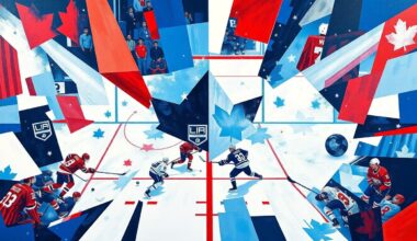 A fragmented, geometric painting depicting a hockey game between the Los Angeles Kings and Toronto Maple Leafs, with sharp, overlapping planes of vibrant blue, red, and white colors representing the high-stakes playoff race.