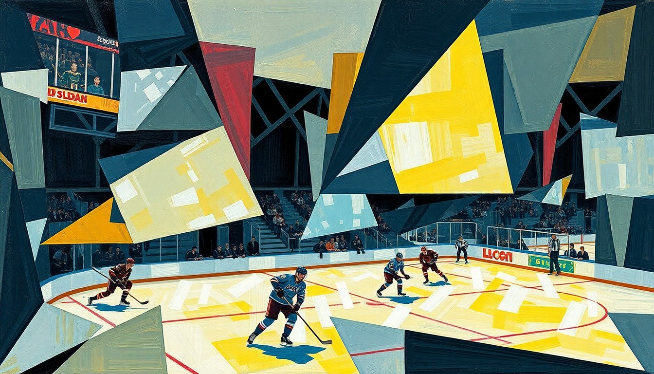 A fragmented, geometric painting depicting a hockey game or match, with sharp, overlapping planes of color and form representing the multifaceted perspectives on the Tkachuk family controversy.