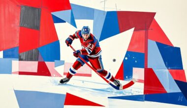A cubist, geometric painting depicting a hockey player scoring a goal, with the player