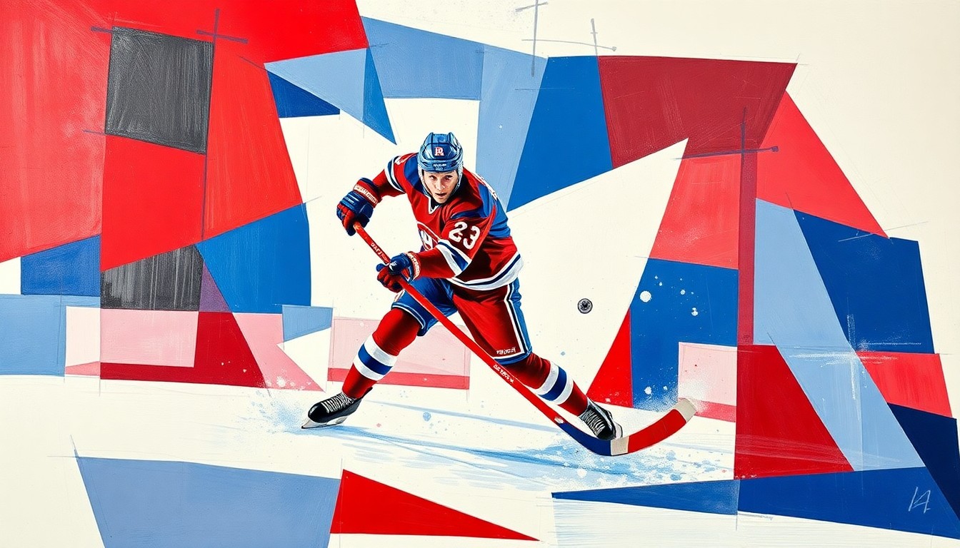 A cubist, geometric painting depicting a hockey player scoring a goal, with the player